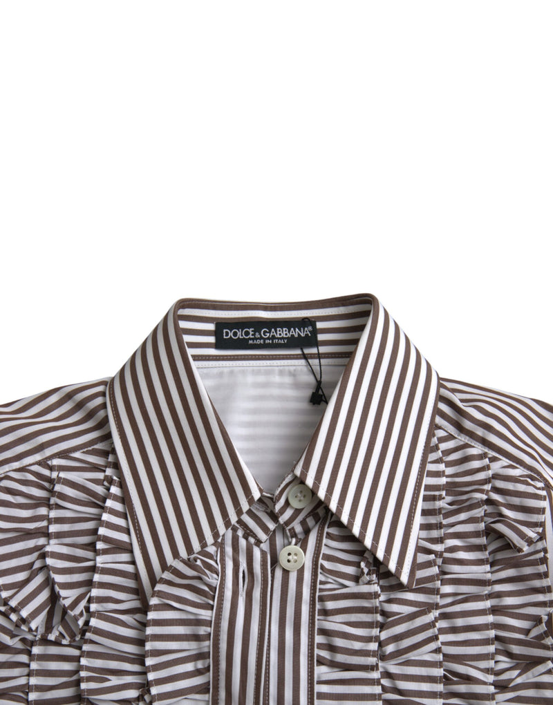 Blusa de algodão branca com listras, mangas longas e gola com babados Dolce & Gabbana