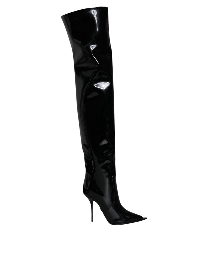 Botas altas hasta la rodilla de charol negro de Dolce & Gabbana