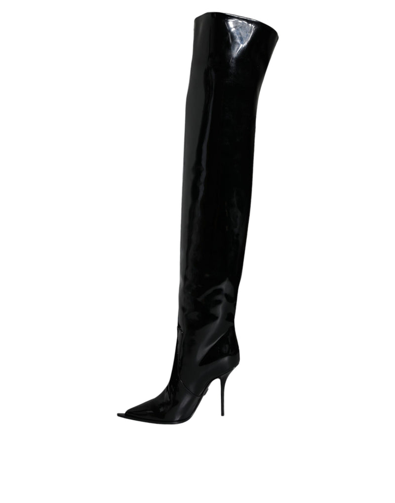 Botas altas hasta la rodilla de charol negro de Dolce & Gabbana