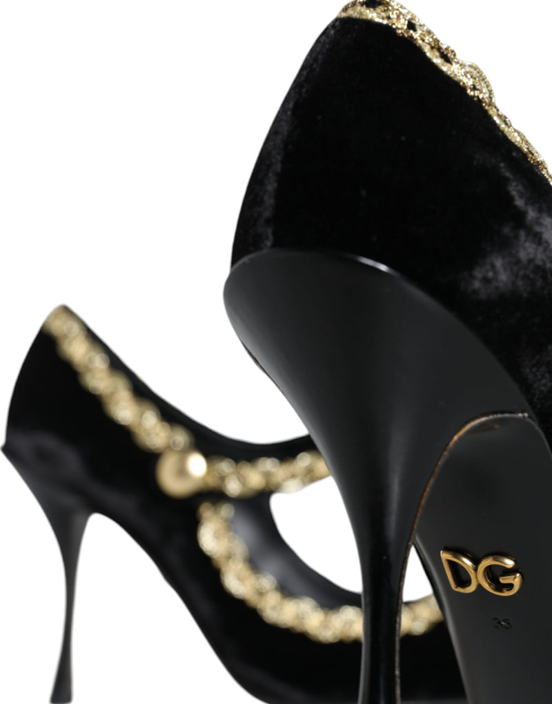 Décolleté Mary Jane in velluto nero con dettagli dorati Dolce & Gabbana