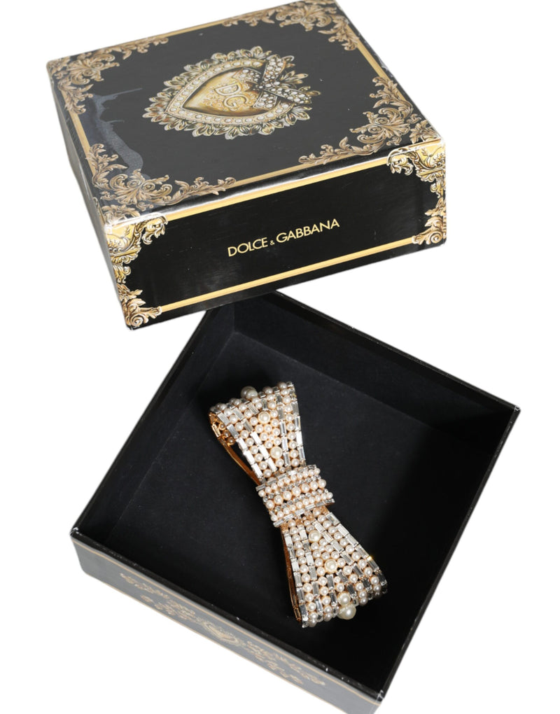 Broche de laço em latão dourado, com cristais e pérolas artificiais Dolce & Gabbana