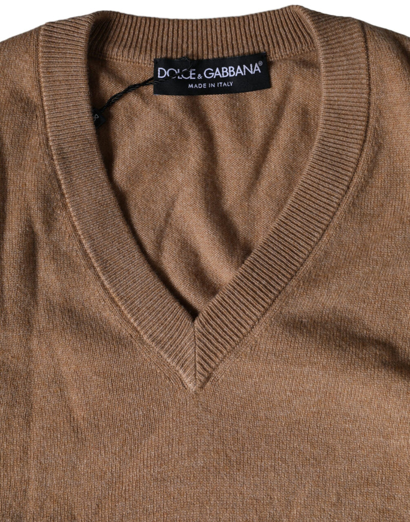 Suéter de punto de cachemira marrón con cuello en V de Dolce & Gabbana