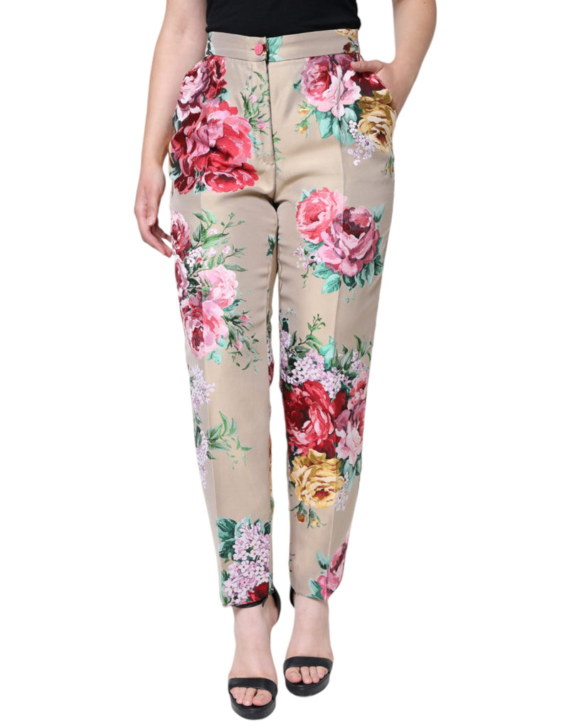 Calça afunilada de cintura alta bege em jacquard floral Dolce & Gabbana