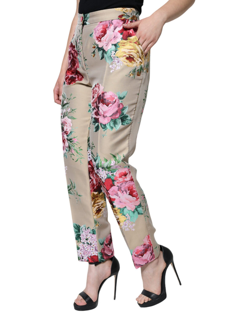 Calça afunilada de cintura alta bege em jacquard floral Dolce & Gabbana