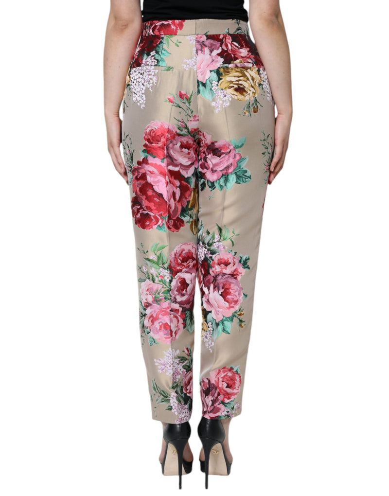 Calça afunilada de cintura alta bege em jacquard floral Dolce & Gabbana