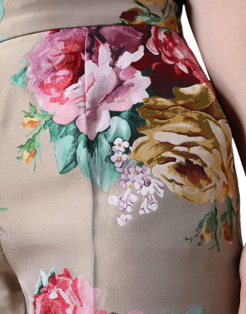 Calça afunilada de cintura alta bege em jacquard floral Dolce & Gabbana