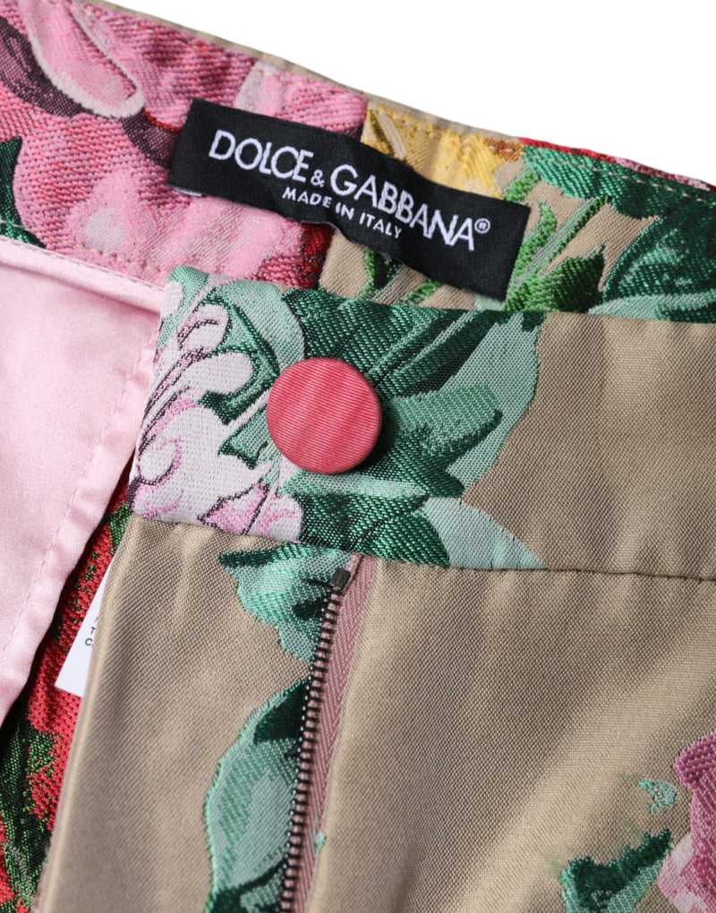 Calça afunilada de cintura alta bege em jacquard floral Dolce & Gabbana