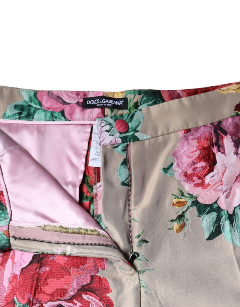 Calça afunilada de cintura alta bege em jacquard floral Dolce & Gabbana