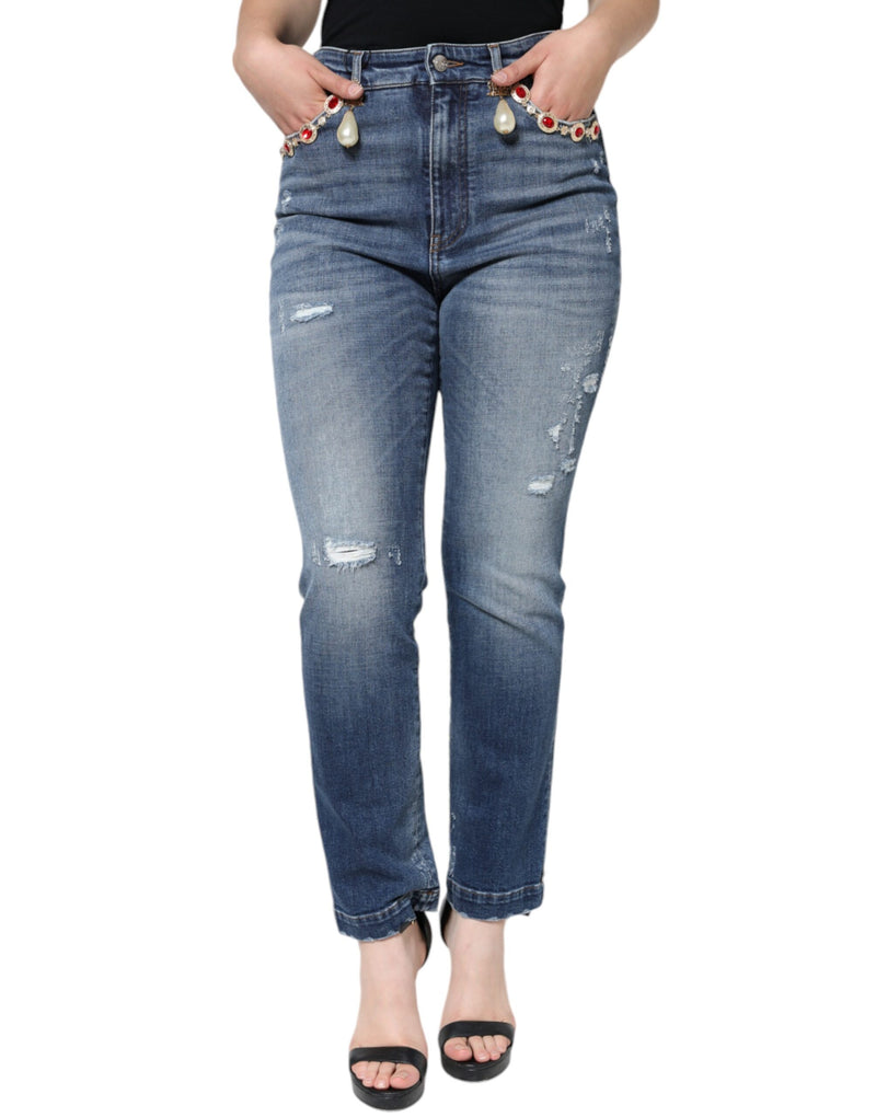 Calça jeans skinny azul-escura de algodão com efeito puído Dolce & Gabbana