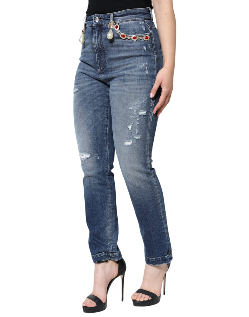 Calça jeans skinny azul-escura de algodão com efeito puído Dolce & Gabbana