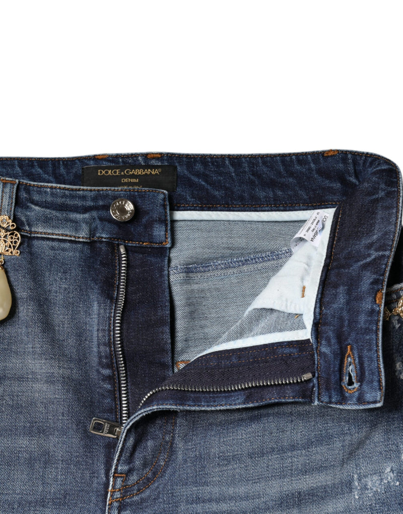 Calça jeans skinny azul-escura de algodão com efeito puído Dolce & Gabbana