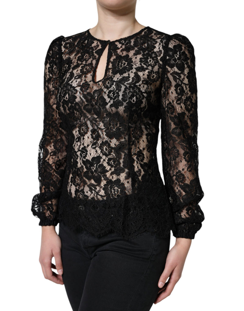 Haut transparent à manches longues en dentelle florale noire Dolce & Gabbana