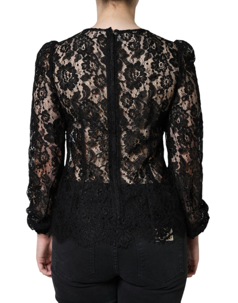 Haut transparent à manches longues en dentelle florale noire Dolce & Gabbana