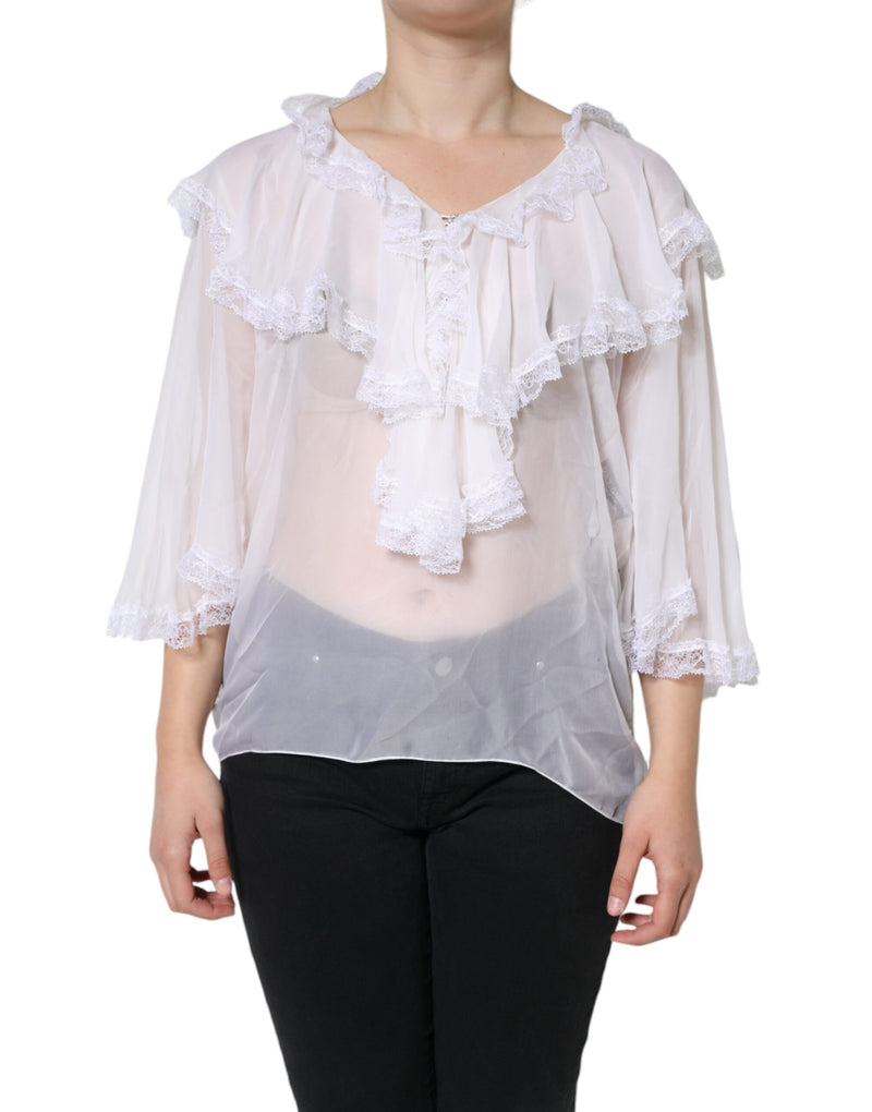 Blouse blanche en dentelle à volants et manches longues Dolce & Gabbana