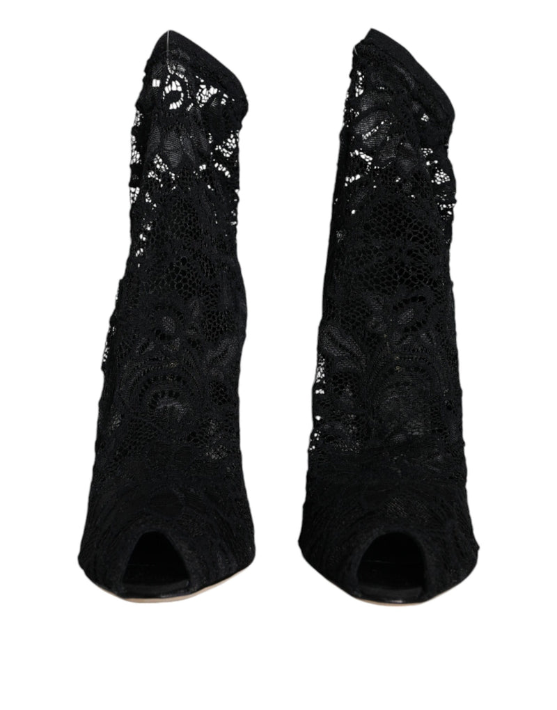 Botas Dolce & Gabbana de renda preta elástica com salto, cano médio
