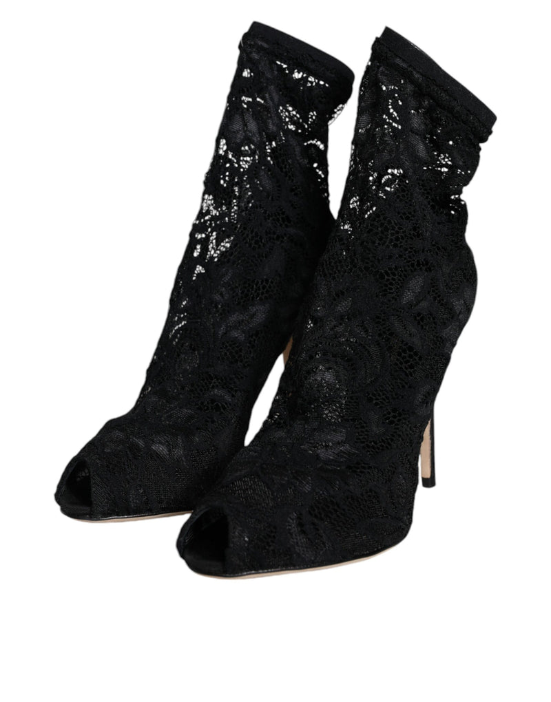 Botas Dolce & Gabbana de renda preta elástica com salto, cano médio