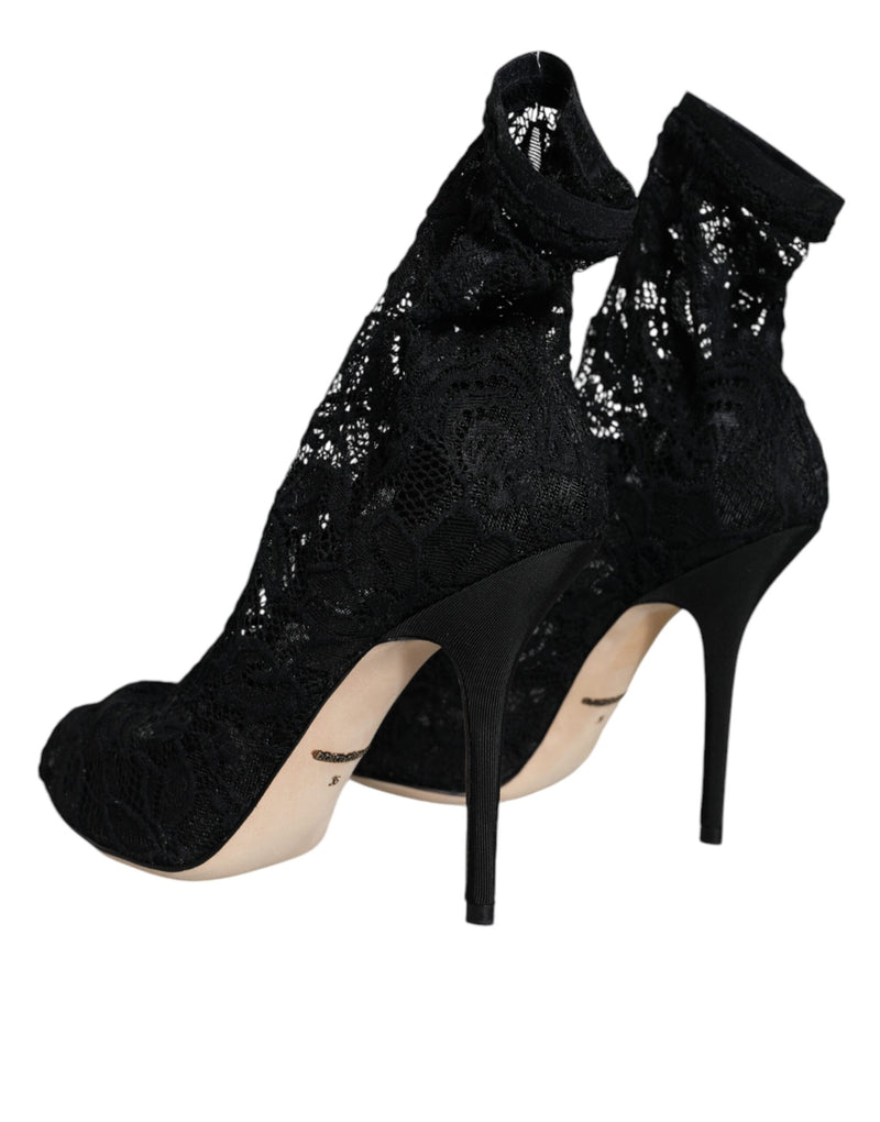 Botas Dolce & Gabbana de renda preta elástica com salto, cano médio