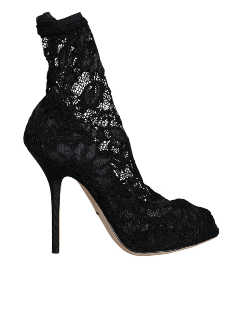 Botas Dolce & Gabbana de renda preta elástica com salto, cano médio