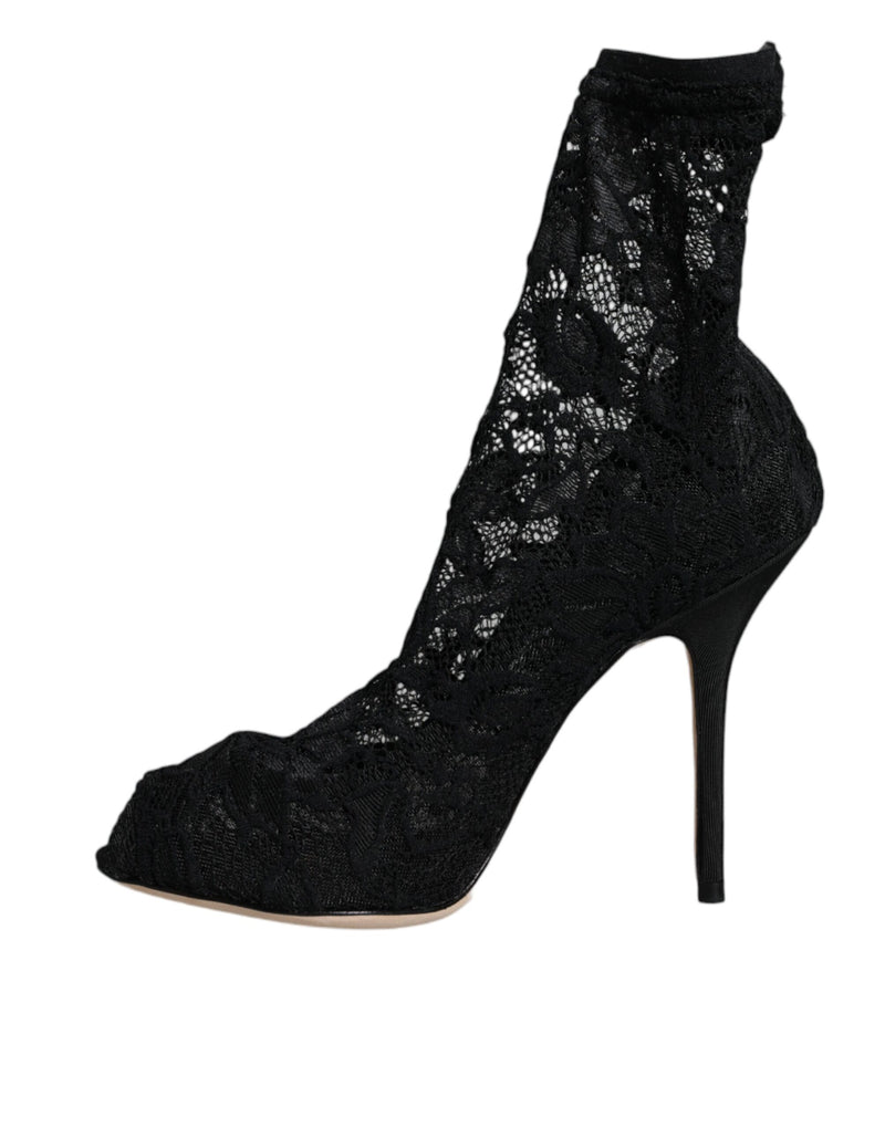 Botas Dolce & Gabbana de renda preta elástica com salto, cano médio