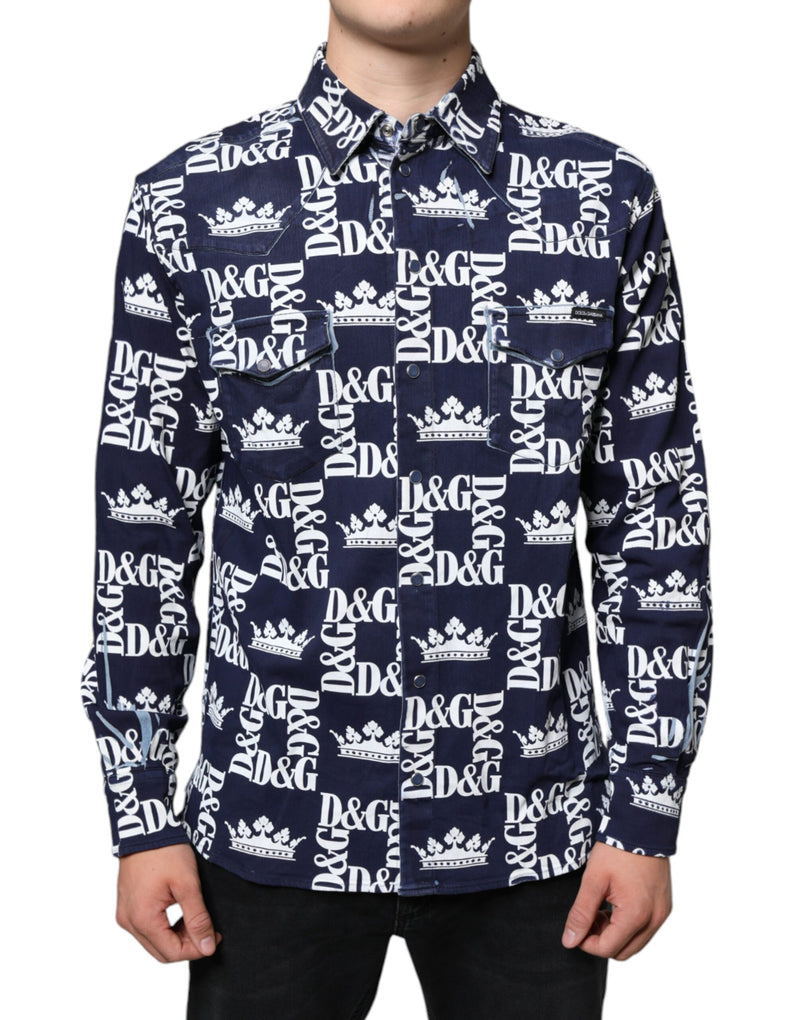 Chemise ajustée en coton bleu à imprimé logo couronne Dolce & Gabbana