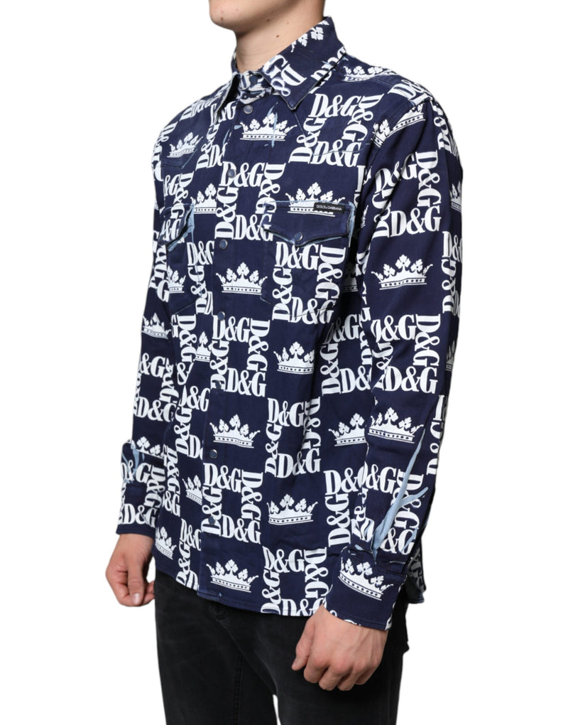 Chemise ajustée en coton bleu à imprimé logo couronne Dolce & Gabbana