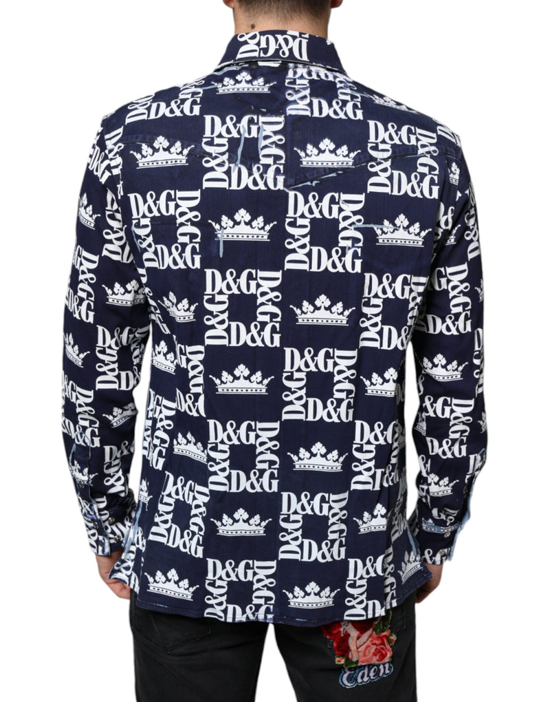 Chemise ajustée en coton bleu à imprimé logo couronne Dolce & Gabbana