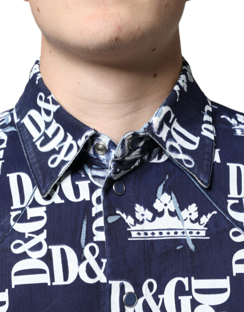 Chemise ajustée en coton bleu à imprimé logo couronne Dolce & Gabbana
