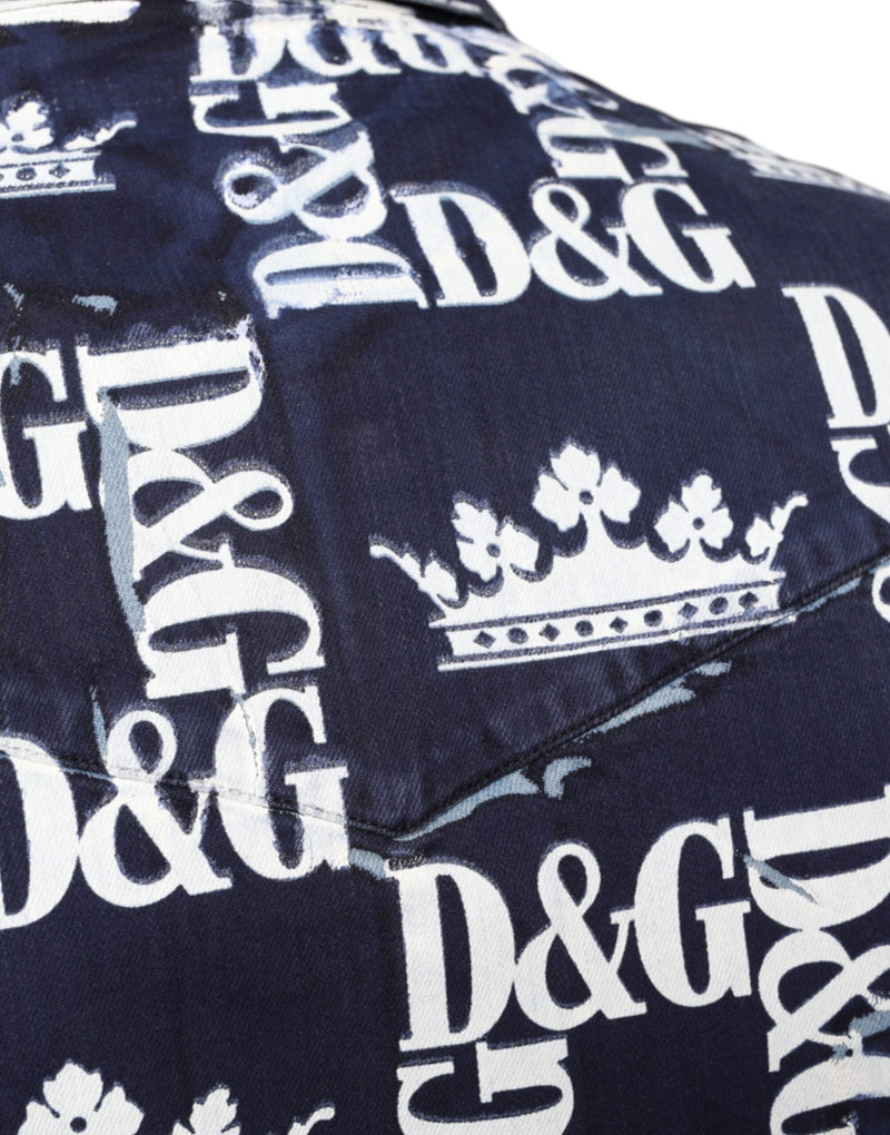 Chemise ajustée en coton bleu à imprimé logo couronne Dolce & Gabbana