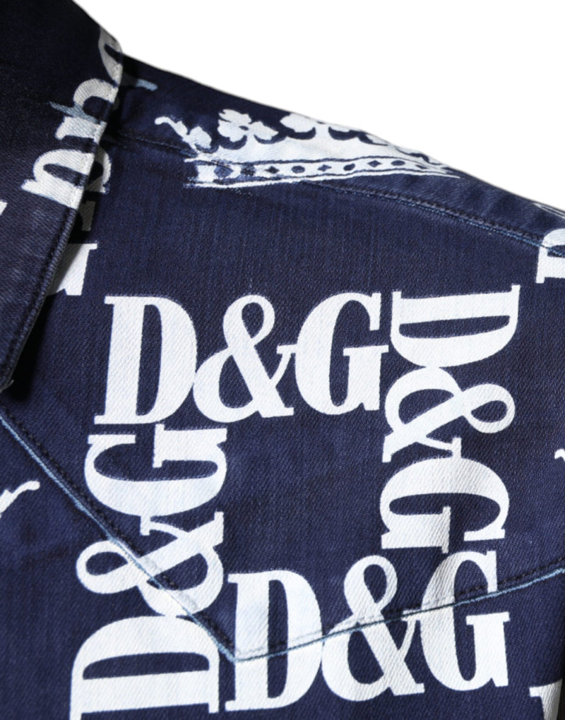 Chemise ajustée en coton bleu à imprimé logo couronne Dolce & Gabbana