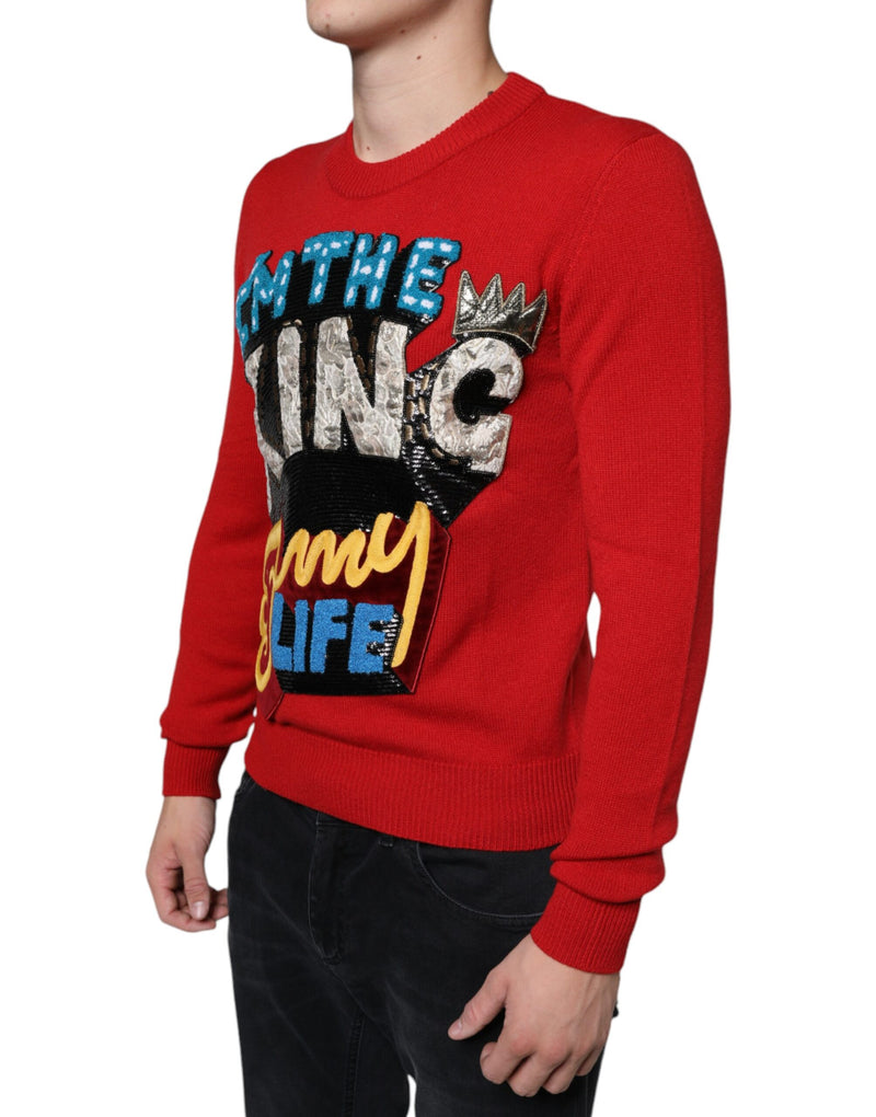 Sweat-shirt à col rond en laine rouge « I'm The King » Dolce & Gabbana