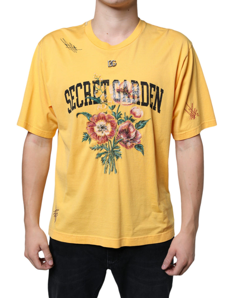 Camiseta amarela de algodão com estampa floral Secret Garden e gola redonda Dolce & Gabbana