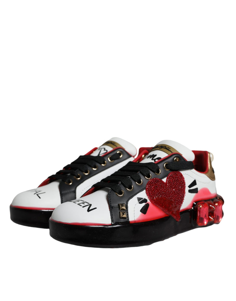 Zapatillas Portofino de piel blanca y roja con cristales de Dolce & Gabbana