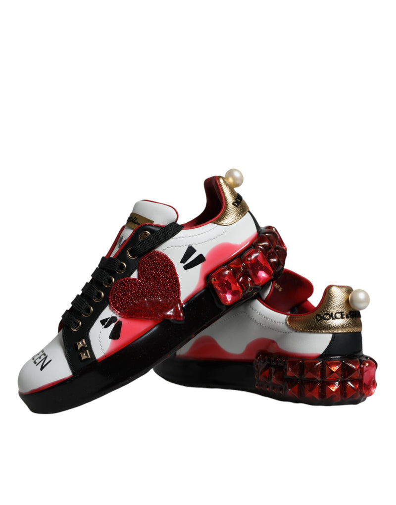 Zapatillas Portofino de piel blanca y roja con cristales de Dolce & Gabbana