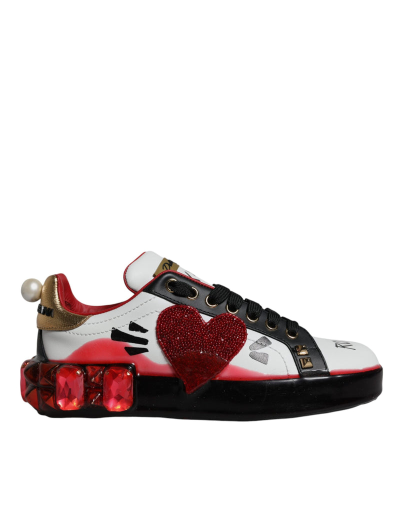 Zapatillas Portofino de piel blanca y roja con cristales de Dolce & Gabbana