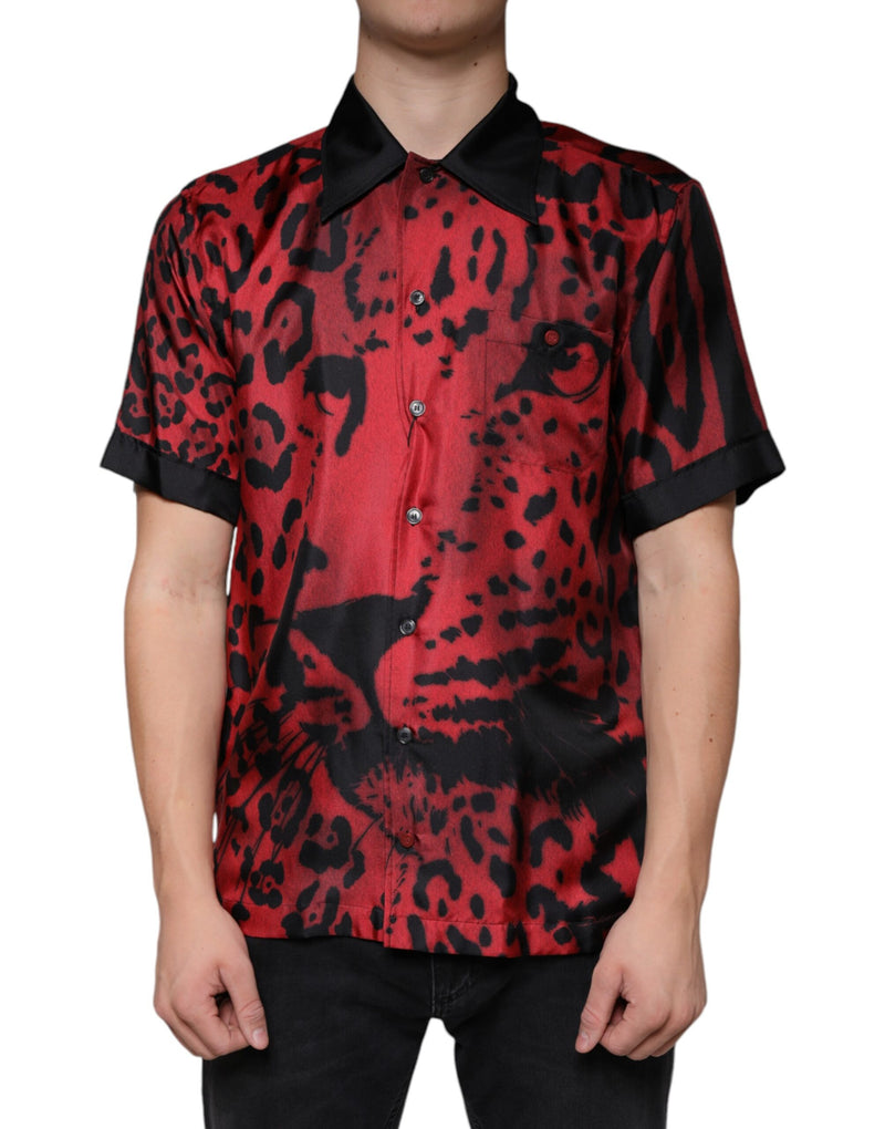 Camisa casual de seda vermelha com estampa de leopardo e botões Dolce & Gabbana