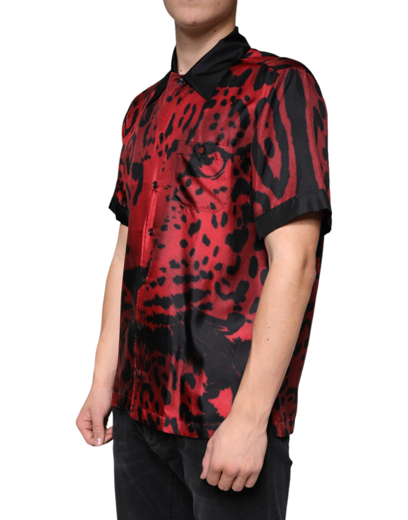 Camisa casual de seda vermelha com estampa de leopardo e botões Dolce & Gabbana
