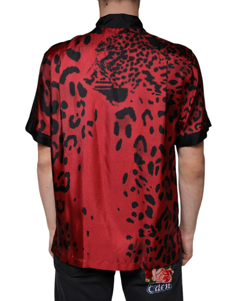 Camisa casual de seda vermelha com estampa de leopardo e botões Dolce & Gabbana