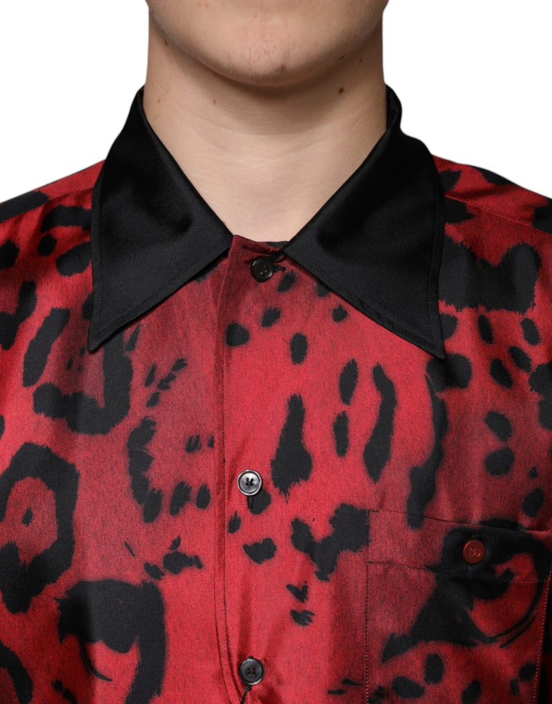 Camisa casual de seda vermelha com estampa de leopardo e botões Dolce & Gabbana