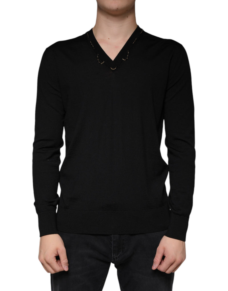 Pull noir à col en V orné Dolce & Gabbana