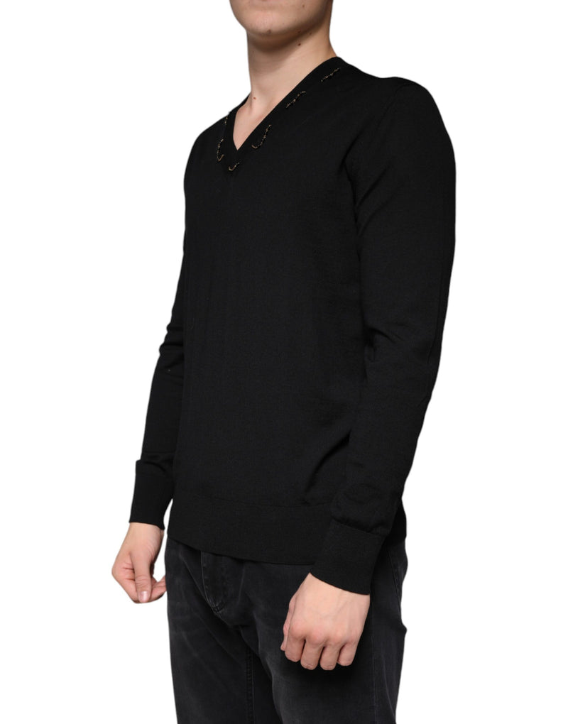 Pull noir à col en V orné Dolce & Gabbana