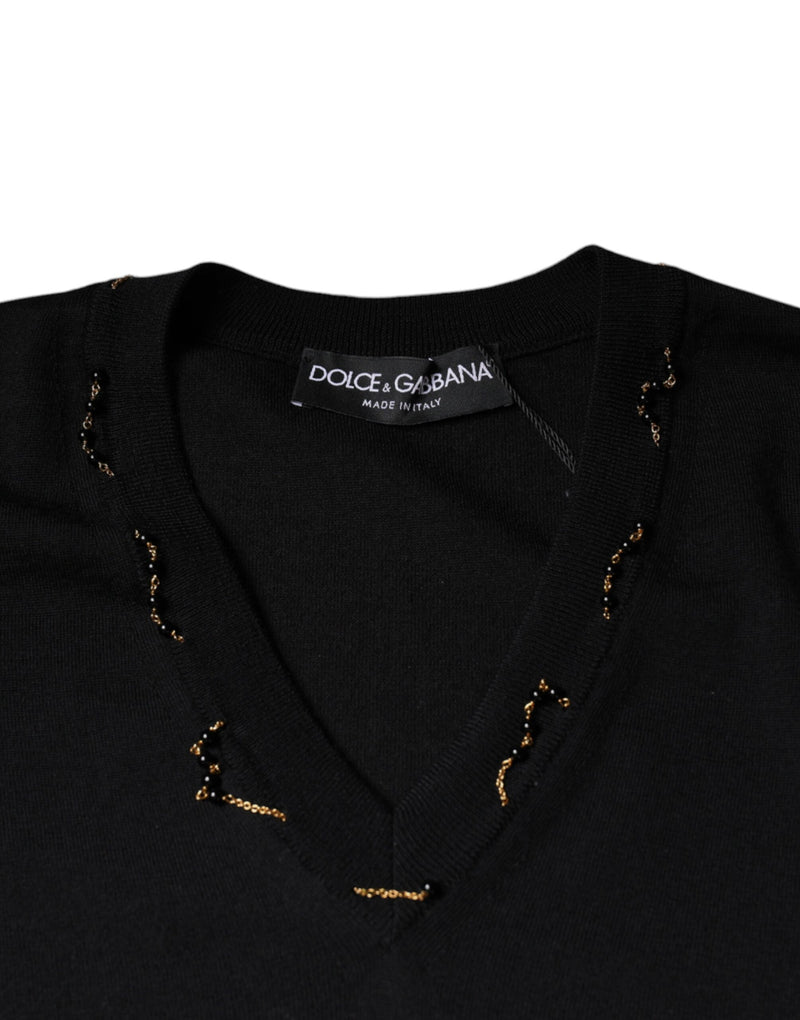 Pull noir à col en V orné Dolce & Gabbana