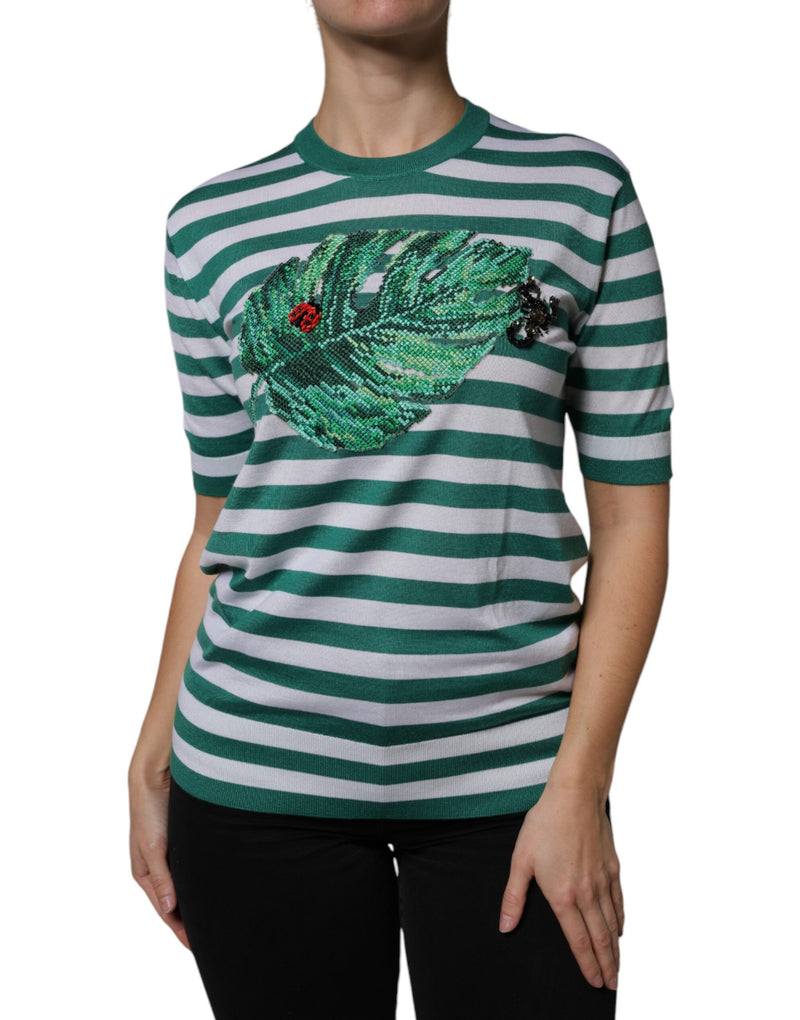 Camiseta de cuello redondo con hojas a rayas blancas y verdes de Dolce & Gabbana