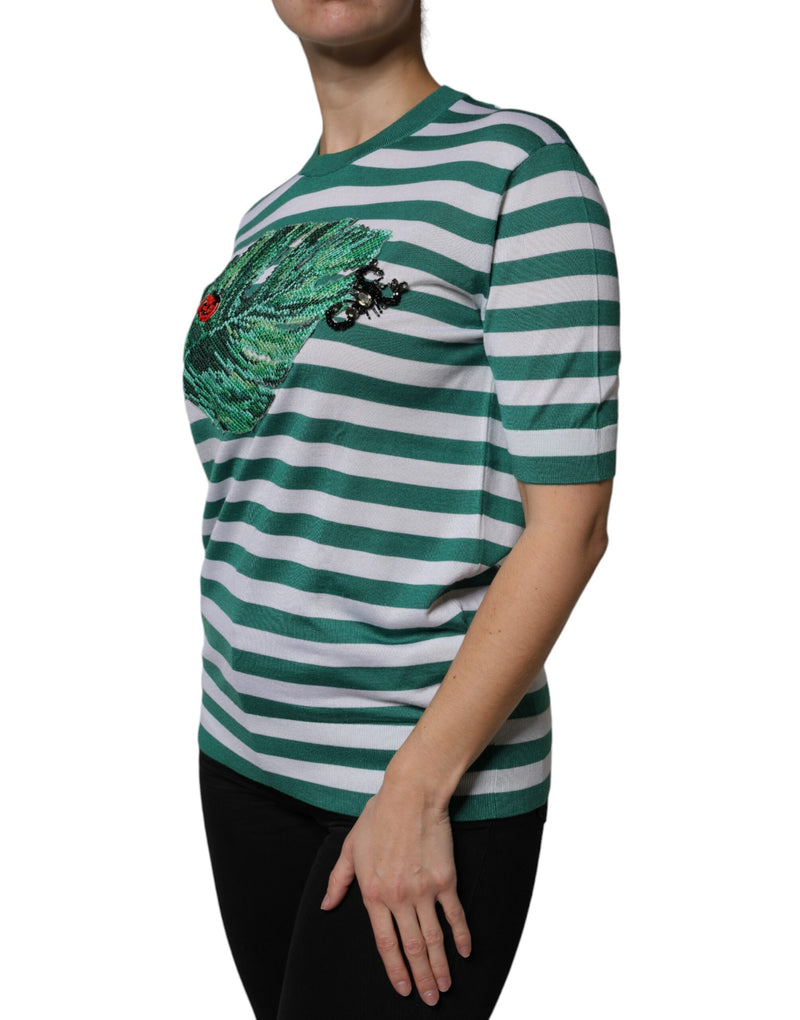 Camiseta de cuello redondo con hojas a rayas blancas y verdes de Dolce & Gabbana