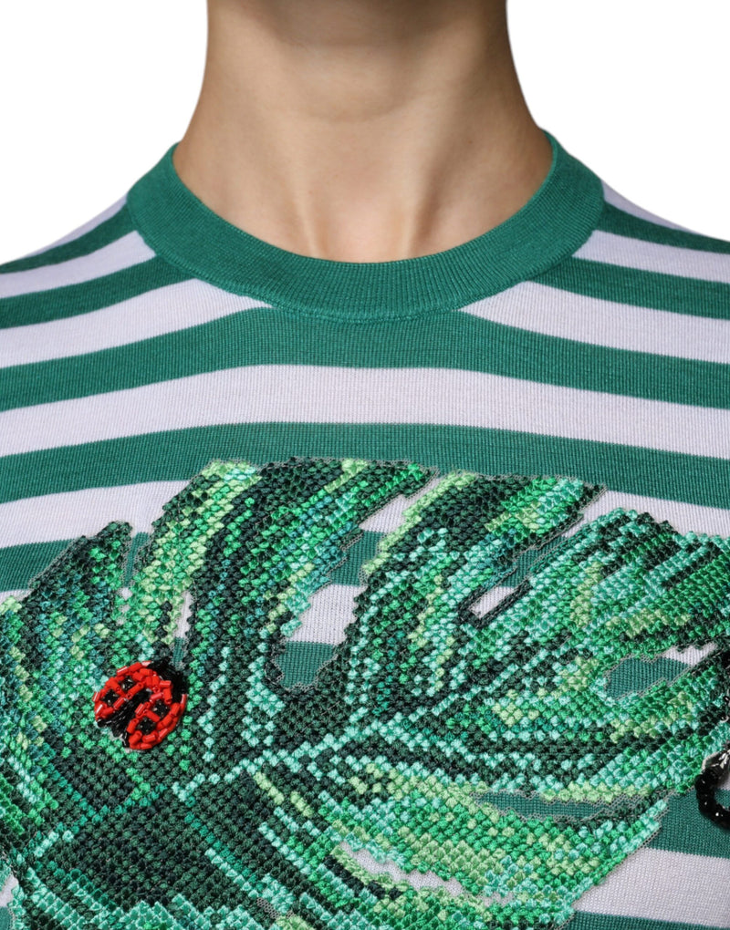 Camiseta de cuello redondo con hojas a rayas blancas y verdes de Dolce & Gabbana