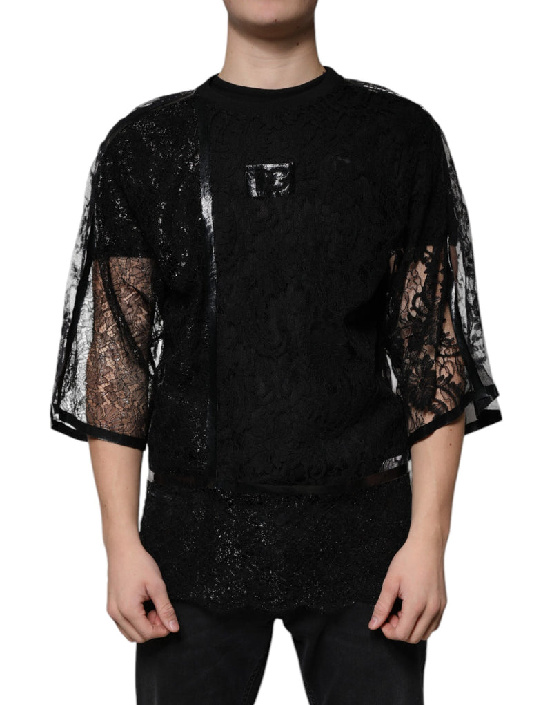 T-shirt noir en nylon et dentelle florale à col rond Dolce & Gabbana