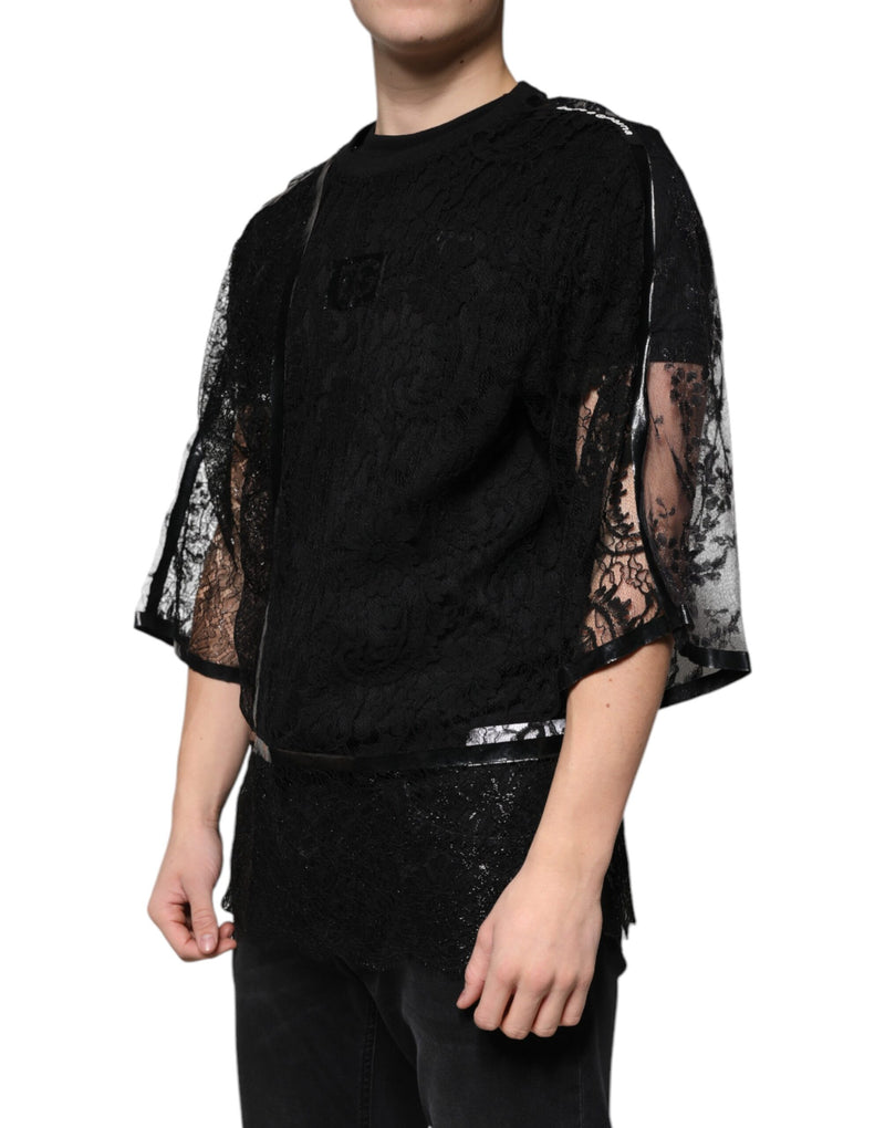 T-shirt noir en nylon et dentelle florale à col rond Dolce & Gabbana