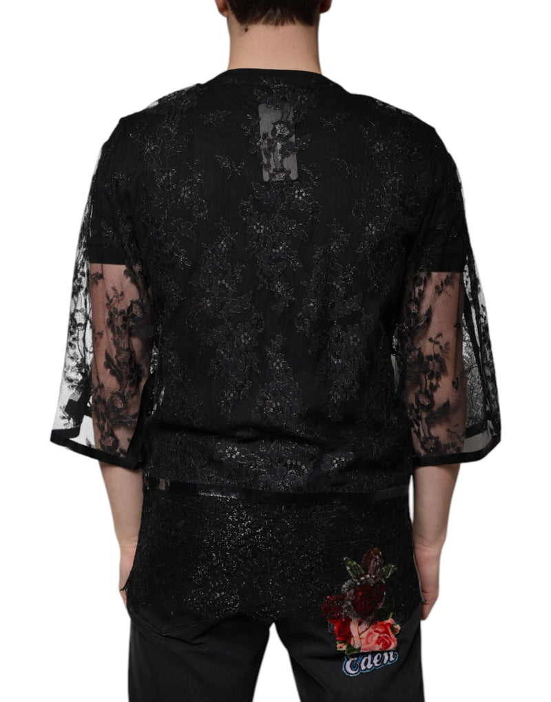 T-shirt noir en nylon et dentelle florale à col rond Dolce & Gabbana