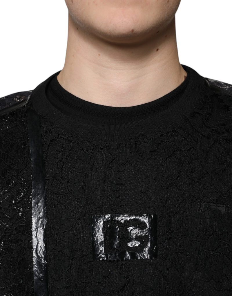 T-shirt noir en nylon et dentelle florale à col rond Dolce & Gabbana