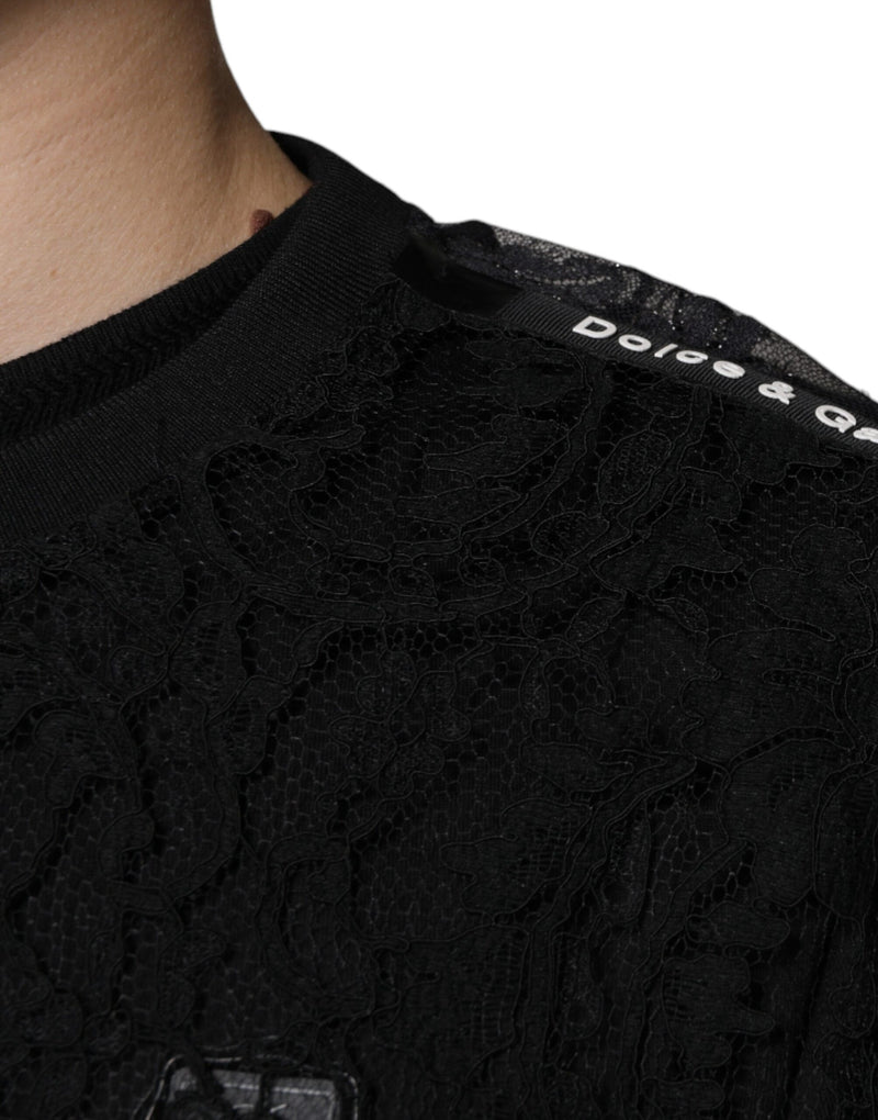 T-shirt noir en nylon et dentelle florale à col rond Dolce & Gabbana