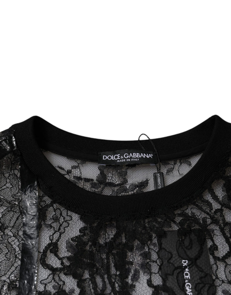T-shirt noir en nylon et dentelle florale à col rond Dolce & Gabbana